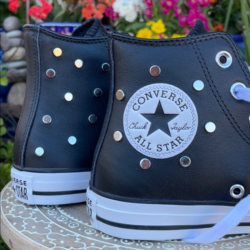 Leather & Silver Studded Converse Hi Tops Sz 7 - Picture 4 of 16